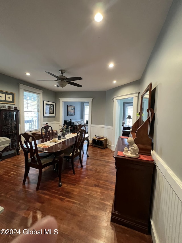 21 Willett St, Fort Plain, NY 13339 - dining area with a wainscoted wall, a ceiling fan, dark wood-style flooring, and recessed lighting