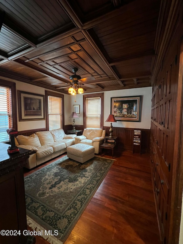 living room with wooden ceiling, dark hardwood / wood-style floors, ceiling fan, and coffered ceiling