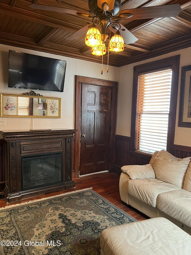 21 Willett St, Fort Plain, NY 13339 - living area with wood ceiling, crown molding, ceiling fan, dark wood-type flooring, and wood walls