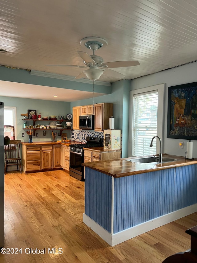 kitchen featuring tasteful backsplash, stainless steel appliances, ceiling fan, sink, and light hardwood / wood-style floors