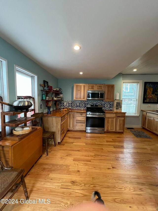 kitchen with tasteful backsplash, light hardwood / wood-style flooring, and stainless steel appliances