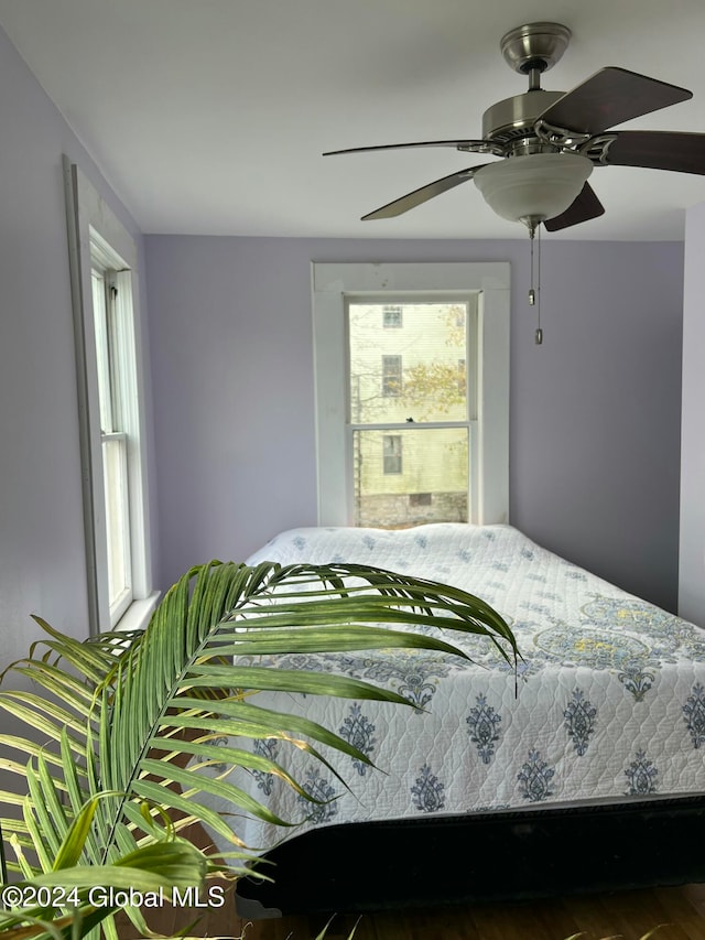 bedroom featuring dark hardwood / wood-style flooring and ceiling fan