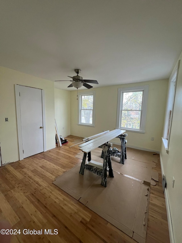 rec room with ceiling fan, a healthy amount of sunlight, and light wood-type flooring