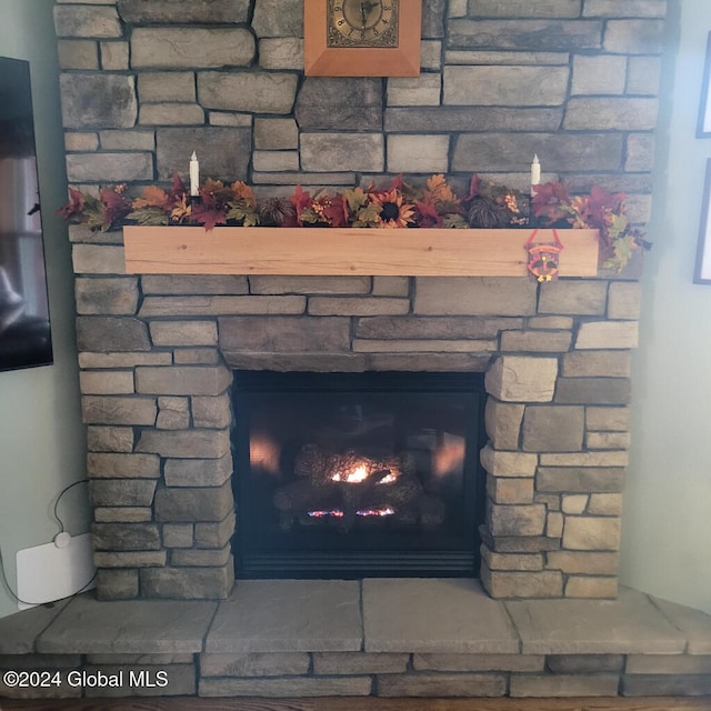 details featuring a stone fireplace