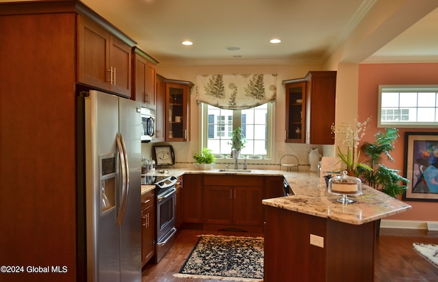 kitchen with a wealth of natural light, kitchen peninsula, dark wood-type flooring, and appliances with stainless steel finishes