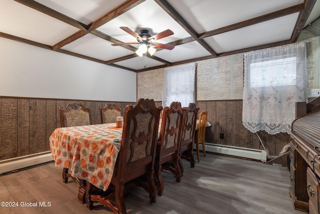 dining room featuring hardwood / wood-style floors, ceiling fan, baseboard heating, and coffered ceiling