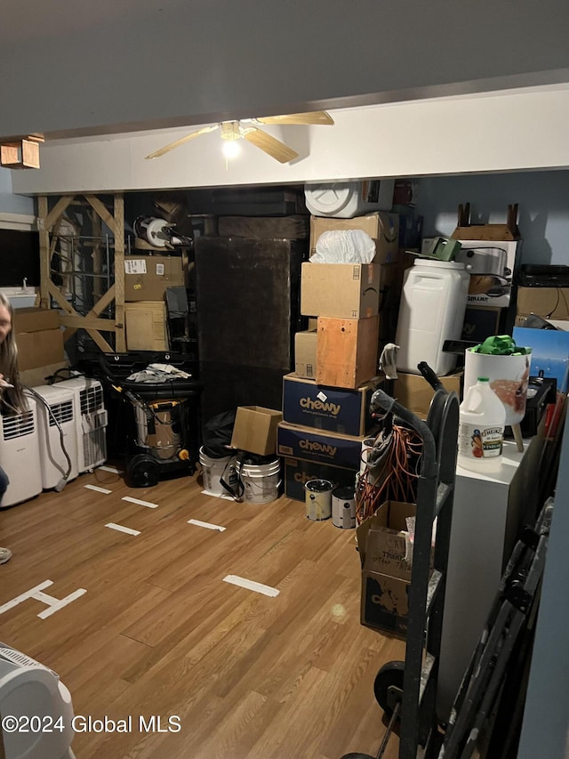 storage area featuring ceiling fan