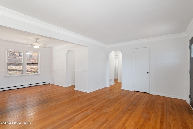 unfurnished room with crown molding, ceiling fan, and light hardwood / wood-style floors