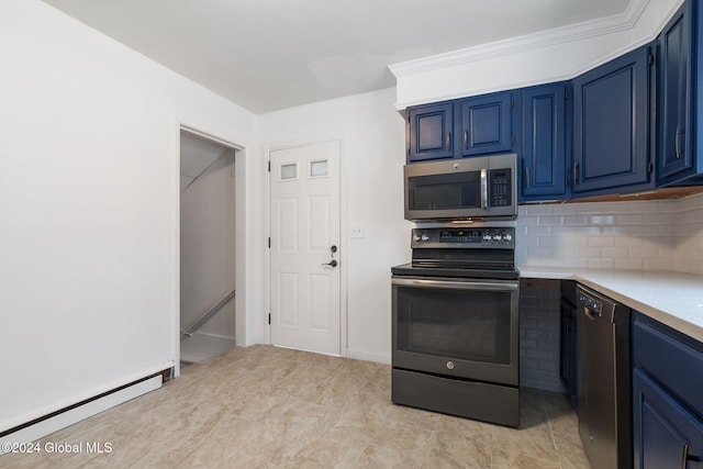 kitchen featuring blue cabinetry, backsplash, a baseboard heating unit, and appliances with stainless steel finishes