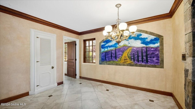 unfurnished dining area featuring crown molding and an inviting chandelier