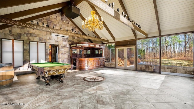 game room featuring high vaulted ceiling, an inviting chandelier, french doors, pool table, and beam ceiling