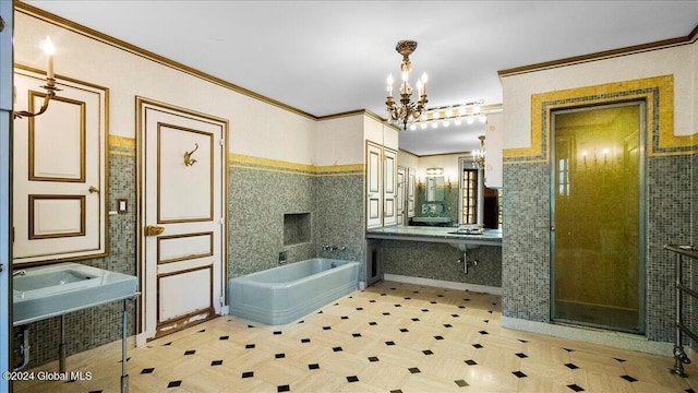 bathroom featuring a notable chandelier, crown molding, independent shower and bath, and tile walls