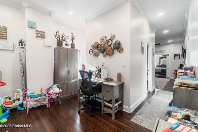 office space featuring dark wood-type flooring and ornamental molding