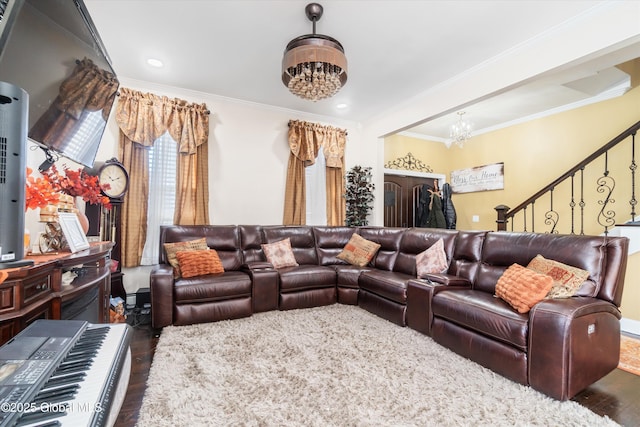 interior space with ornamental molding, dark hardwood / wood-style floors, and a chandelier