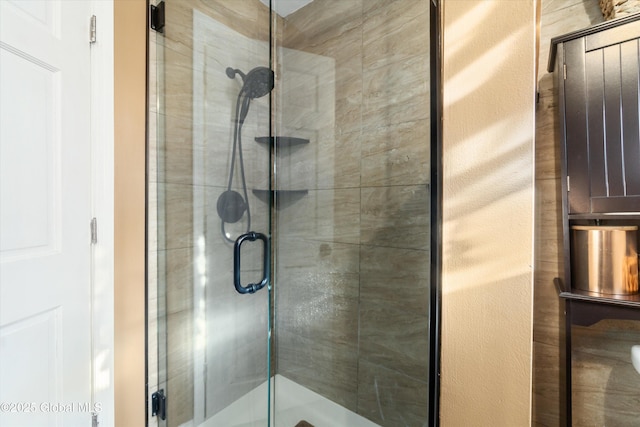 bathroom featuring a shower with shower door