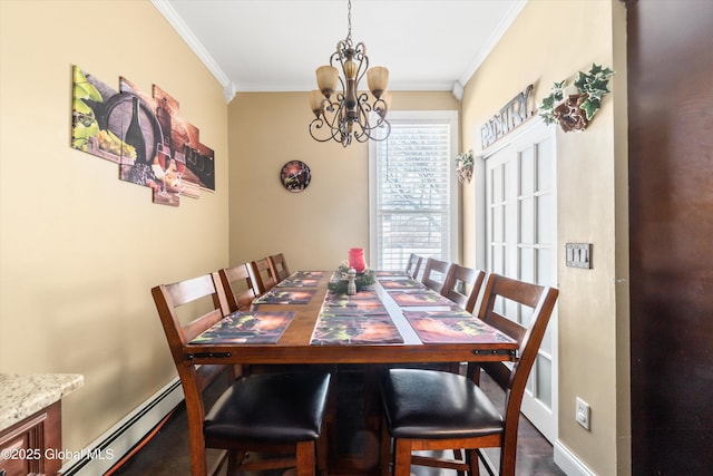 dining room with a baseboard heating unit, a notable chandelier, and ornamental molding