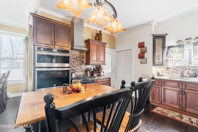 kitchen featuring wall chimney range hood, crown molding, sink, appliances with stainless steel finishes, and dark hardwood / wood-style flooring