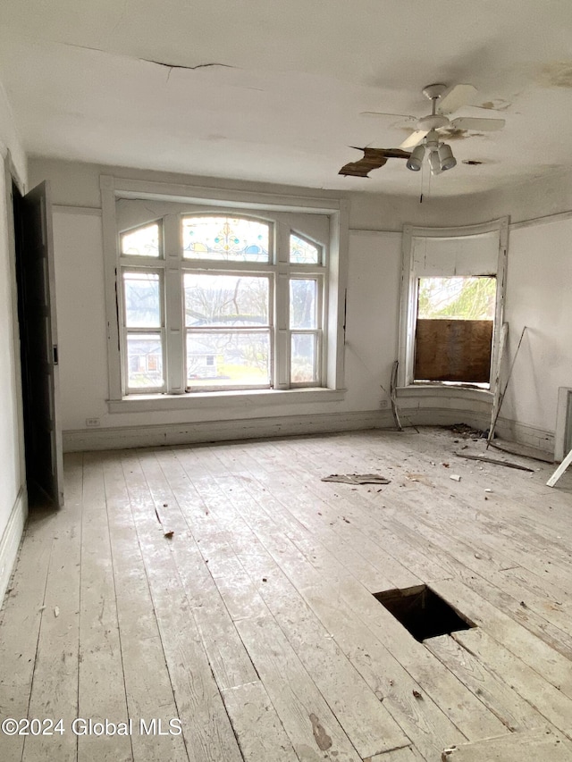 interior space featuring ceiling fan, a healthy amount of sunlight, and light hardwood / wood-style floors