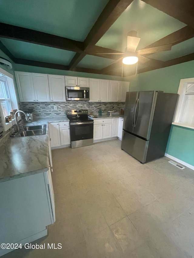 kitchen featuring white cabinets, sink, tasteful backsplash, beamed ceiling, and stainless steel appliances