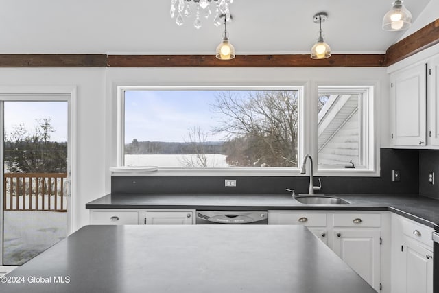 kitchen with pendant lighting, dishwasher, white cabinetry, sink, and backsplash