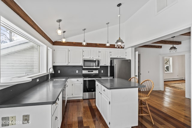 kitchen featuring sink, white cabinetry, stainless steel appliances, a kitchen island, and a baseboard radiator