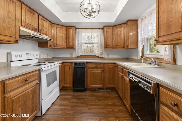 kitchen featuring white range with electric stovetop, a healthy amount of sunlight, sink, and black dishwasher