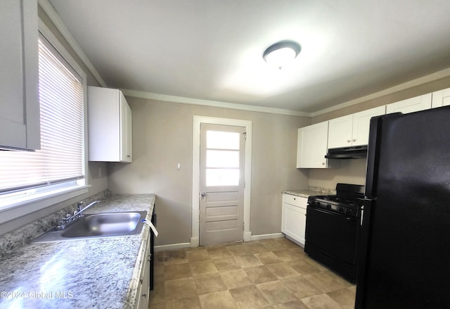 kitchen with white cabinets, sink, plenty of natural light, and black appliances