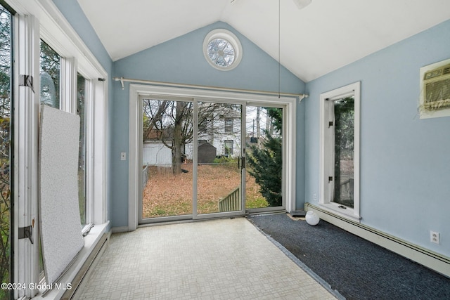 sunroom with a baseboard radiator and vaulted ceiling