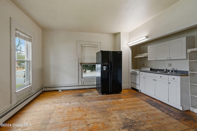 kitchen featuring white cabinetry, black refrigerator with ice dispenser, dark hardwood / wood-style floors, white range with gas cooktop, and exhaust hood