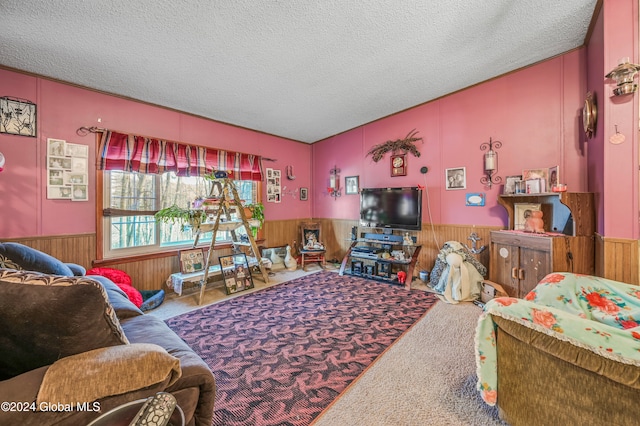 living room with carpet and a textured ceiling