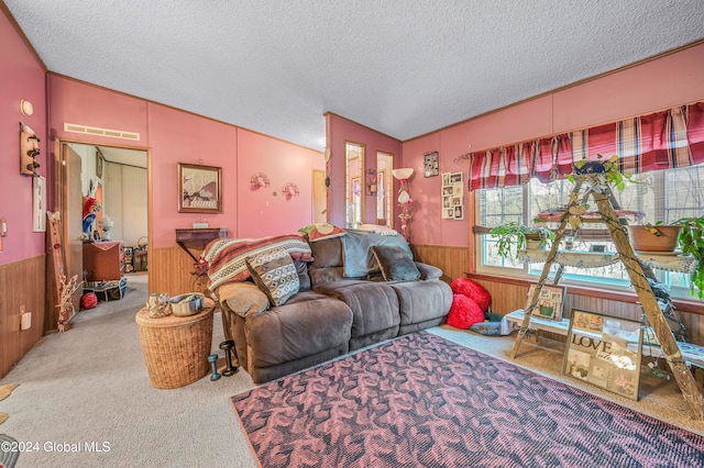 carpeted living room featuring a textured ceiling