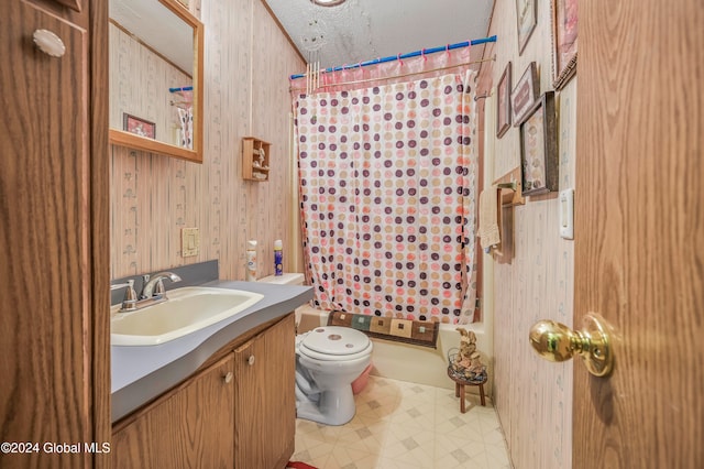 full bathroom with shower / bath combination with curtain, vanity, a textured ceiling, wooden walls, and toilet