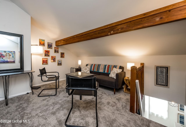 carpeted living room with lofted ceiling with beams