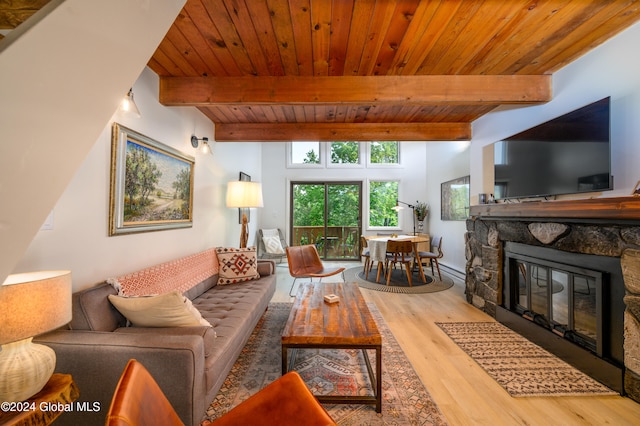 living room with hardwood / wood-style flooring, wooden ceiling, a fireplace, and beamed ceiling