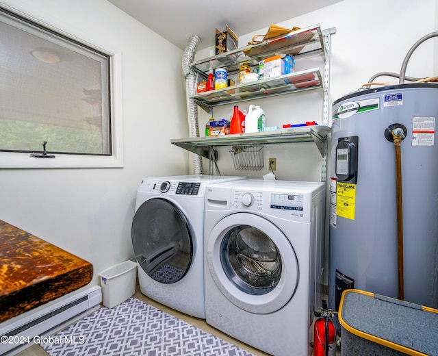 laundry area featuring electric water heater, separate washer and dryer, and a baseboard heating unit