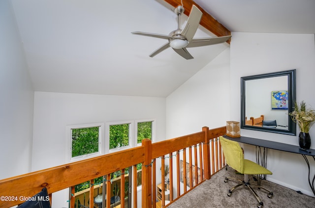 carpeted office space featuring ceiling fan and lofted ceiling