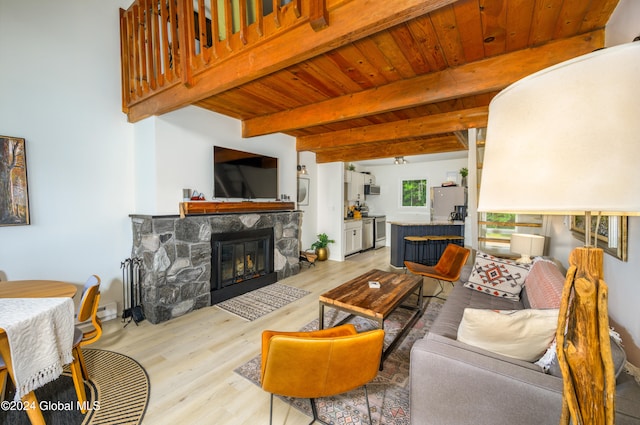 living room featuring wood ceiling, ceiling fan, light hardwood / wood-style flooring, beamed ceiling, and a fireplace