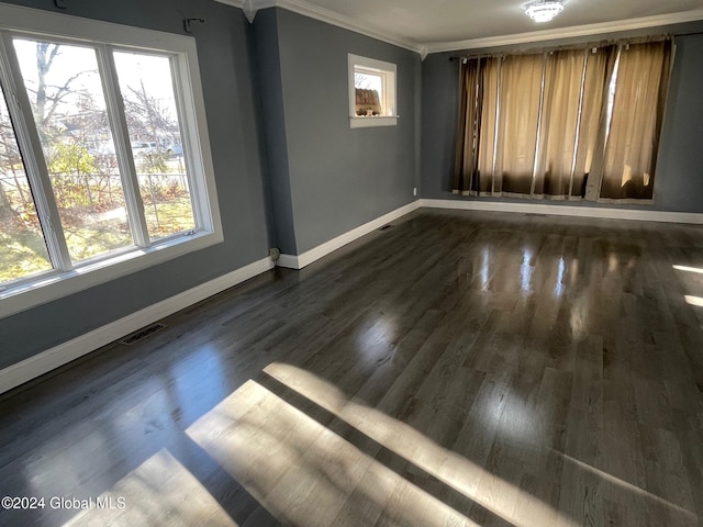 empty room with crown molding and dark wood-type flooring