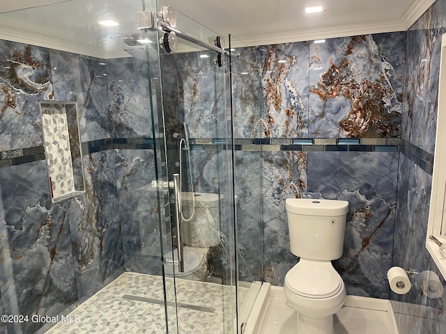 bathroom featuring an enclosed shower, toilet, tile walls, and ornamental molding