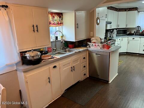 kitchen with white cabinetry, sink, dark hardwood / wood-style floors, and appliances with stainless steel finishes