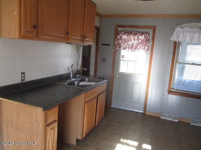 kitchen featuring dark tile patterned flooring, a wealth of natural light, wooden walls, and sink