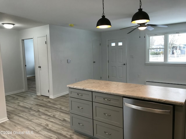 kitchen featuring gray cabinetry, stainless steel dishwasher, ceiling fan, decorative light fixtures, and light hardwood / wood-style floors