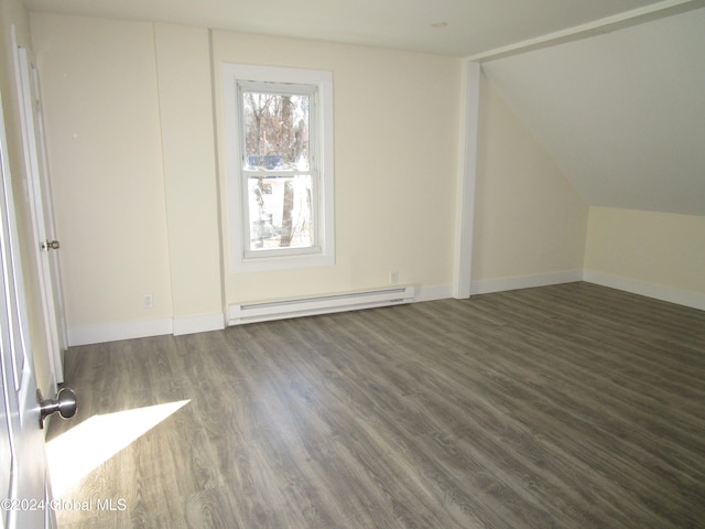 bonus room with dark hardwood / wood-style flooring, baseboard heating, and lofted ceiling