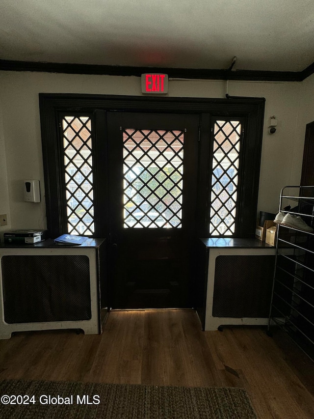 foyer featuring dark hardwood / wood-style flooring, crown molding, a wealth of natural light, and heating unit