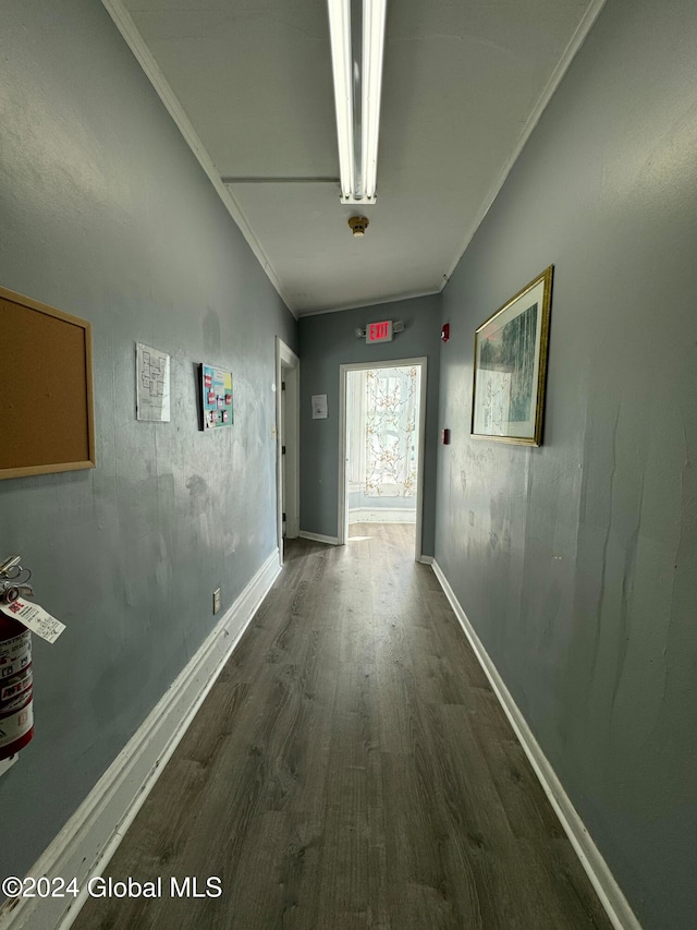 corridor with dark hardwood / wood-style floors and crown molding