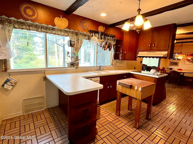 kitchen featuring beam ceiling, sink, white stovetop, kitchen peninsula, and decorative light fixtures