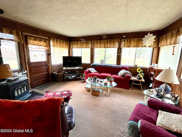 sunroom featuring a wood stove