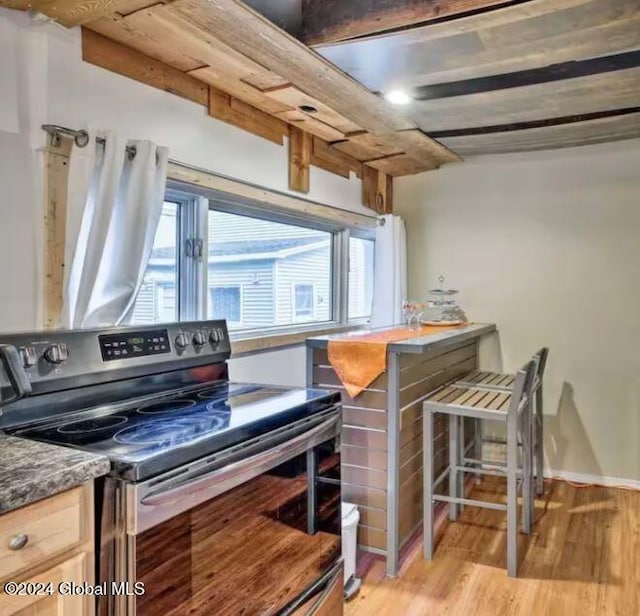 kitchen featuring light brown cabinetry, stainless steel electric stove, a healthy amount of sunlight, and light wood-type flooring