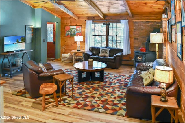 living room with a wood stove, wooden walls, hardwood / wood-style flooring, ceiling fan, and wood ceiling