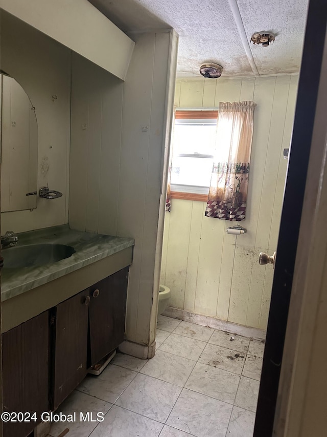 bathroom featuring a textured ceiling, vanity, toilet, and wooden walls